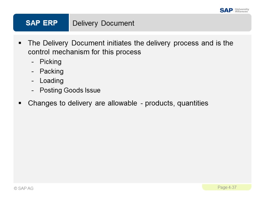 Delivery Document The Delivery Document initiates the delivery process and is the control mechanism
